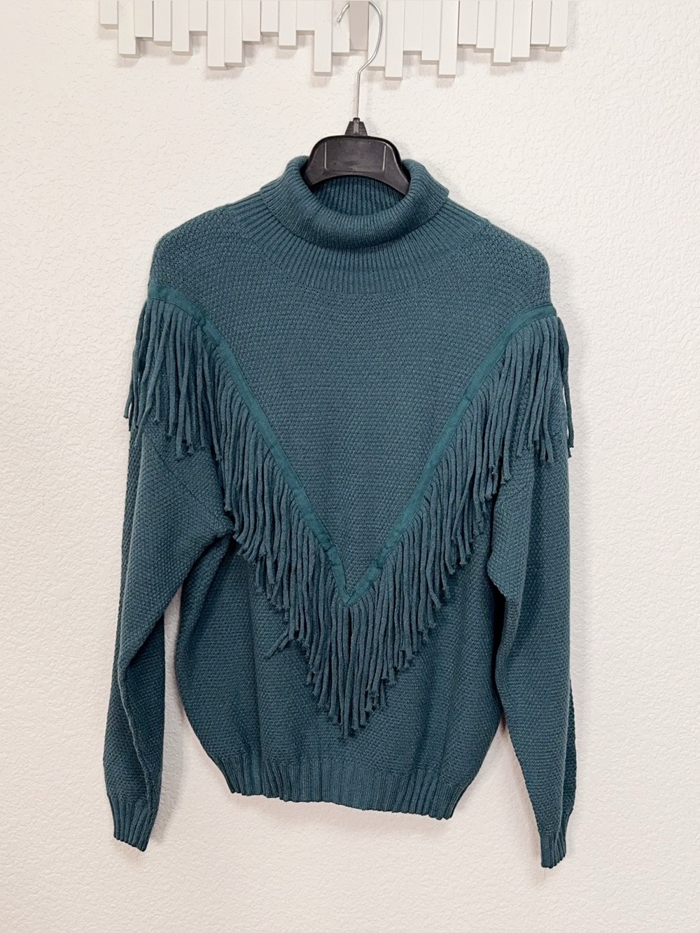 Miss Sparkling Teal Fringe Turtleneck Western Boho Knit Sweater NWOT